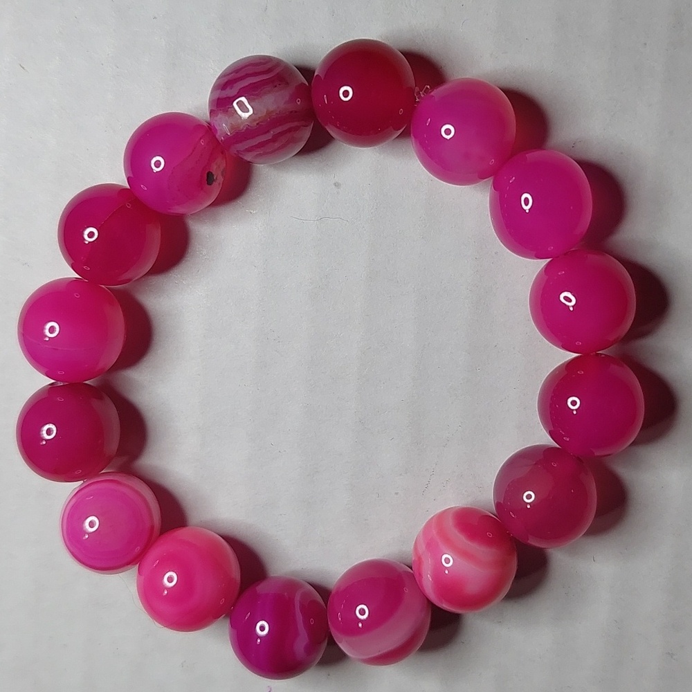 Dyed Pink Banded Agate stone 12mm bead bracelet #4